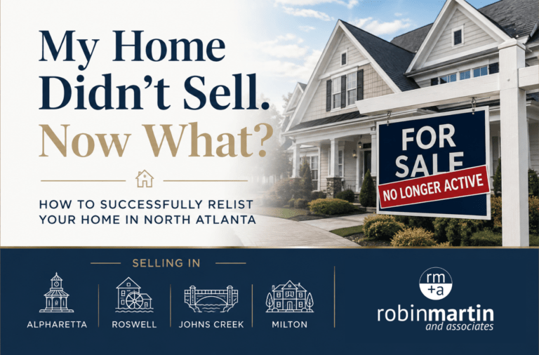 North Atlanta home that didn't sell, with a for-sale sign and relisting strategy message