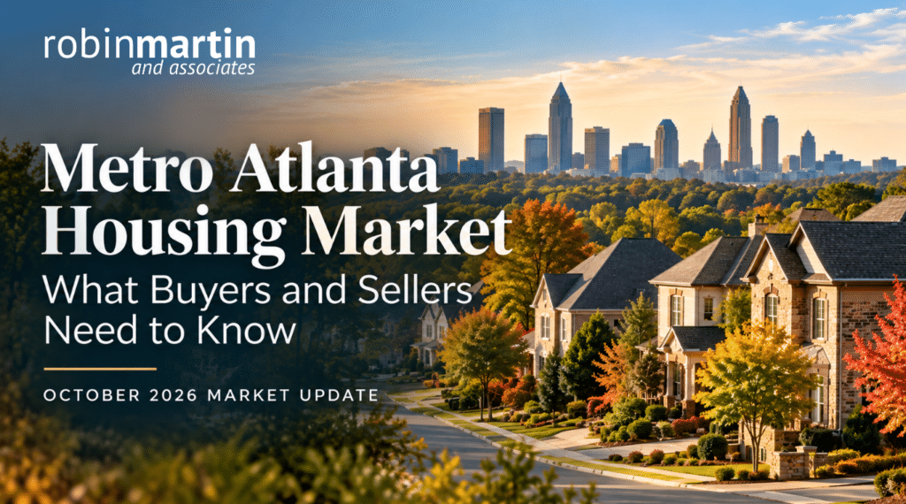 Metro Atlanta Housing Market Update: October 2026 Atlanta skyline and North Atlanta homes at sunset, featured in the October 2026 housing market update from Robin Martin & Associates.
